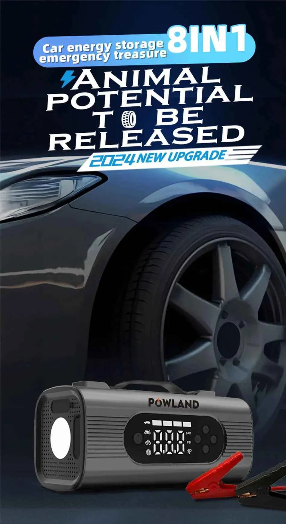 Powland 8in1 jump starteris 26800mAh gnybtukai LED žibintuvėlis automobilis 2024 nauja versija