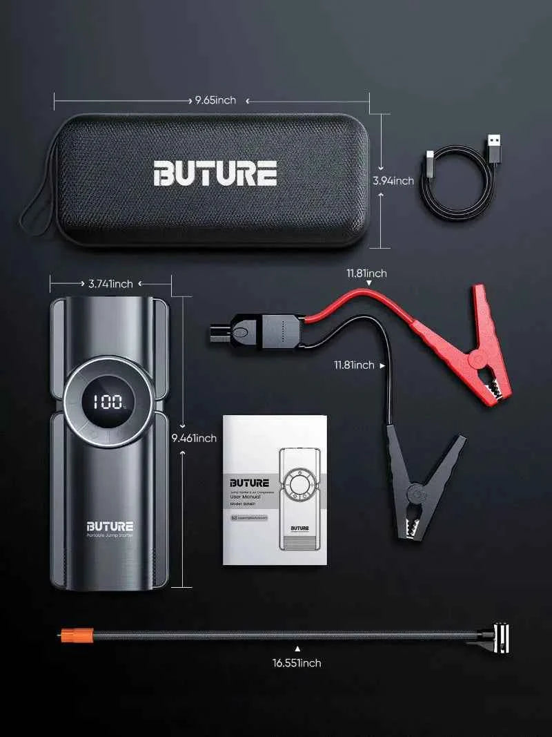BUTURE BETA01 komplektacija matmenys dėklas gnybtukai USB kabelis oro žarna instrukcija