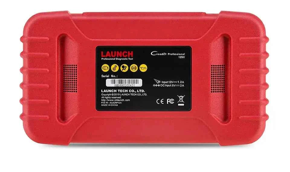 LAUNCH CRP129X V2.0 galinė pusė su serijos numeriu, specifikacijomis ir 12V/5V įvesties duomenimis