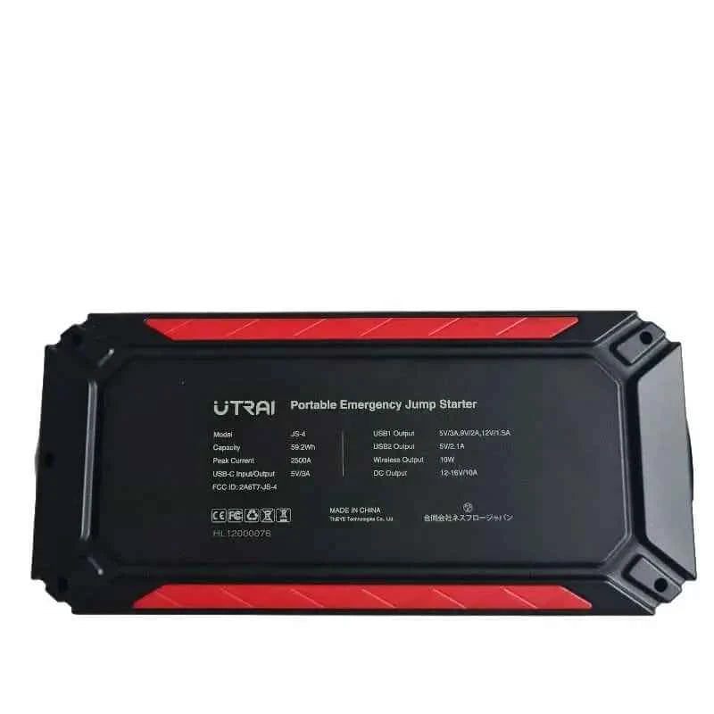 UTRAI JS-4 galinė pusė specifikacijų etiketė CE FCC sertifikatai Portable Emergency Jump Starter