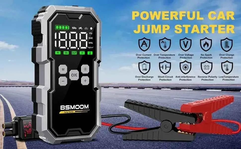BSMOOM galingas automobilio jump starteris su gnybtais ir 10 apsaugų nuo perkrovos, perkaitimo ir trumpojo jungimo
