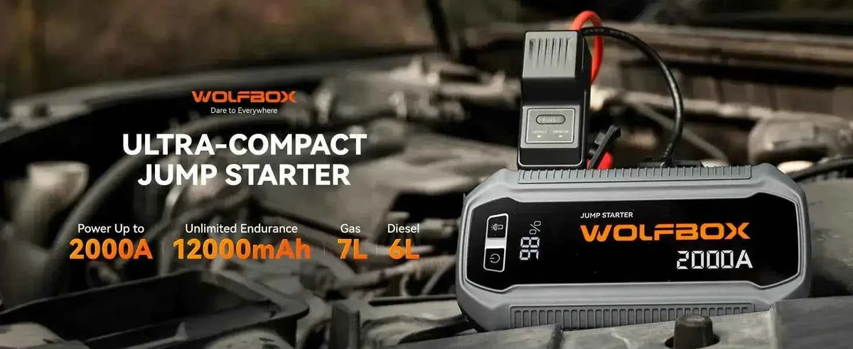 WOLFBOX ultra kompaktiškas jump starteris: 2000A galia, 12000mAh talpa, benzinas 7L, dyzelis 6L