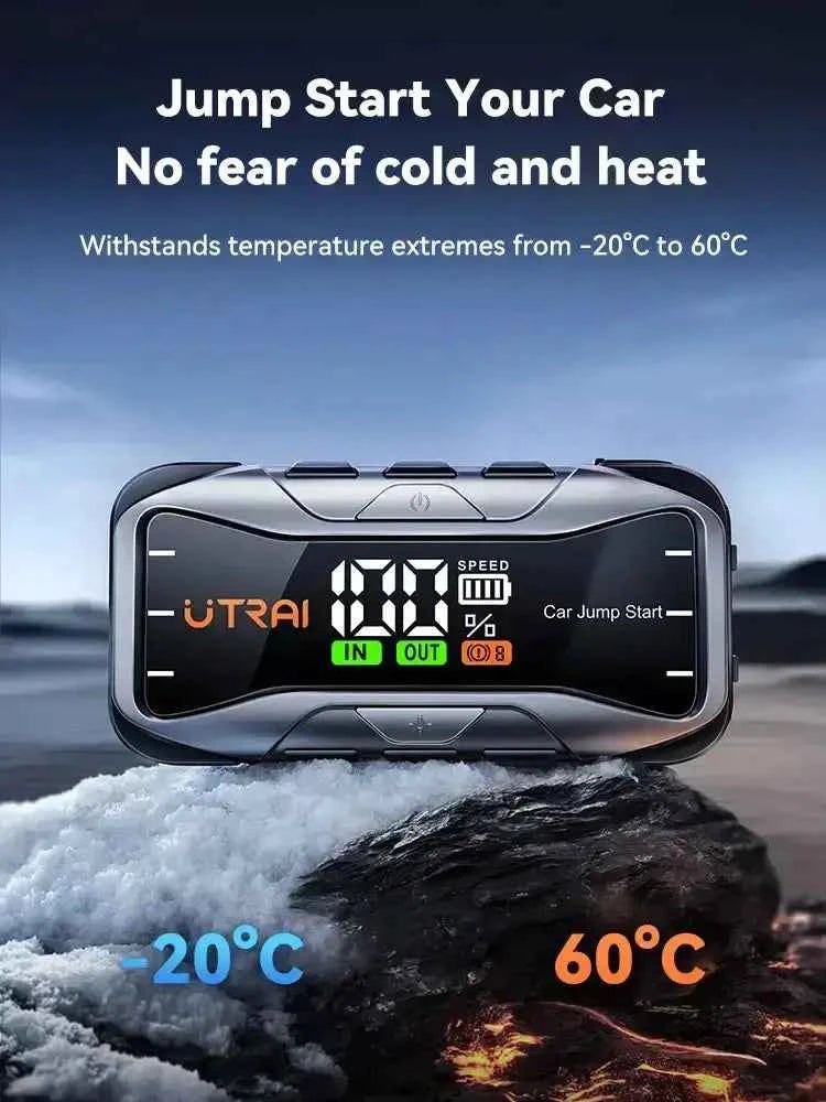 UTRAI JS10 jump starteris veikia -20°C iki 60°C temperatūroje šaltas karštas oras