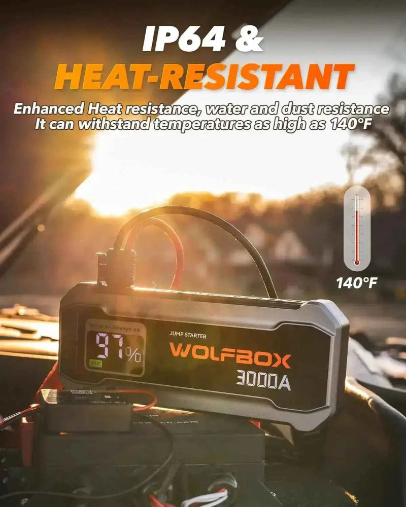 WOLFBOX 3000A su IP64 apsauga nuo vandens ir dulkių, atsparus karščiui iki 140°F (60°C)