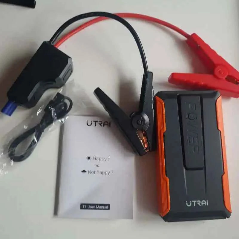 UTRAI T1 jump starteris gnybtukai instrukcija priedai realus vaizdas 1400A automobiliui