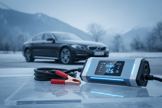 Automobilių akumuliatorių priežiūra su įkrovikliu žiemą, efektyvus sprendimas šaltu oru.