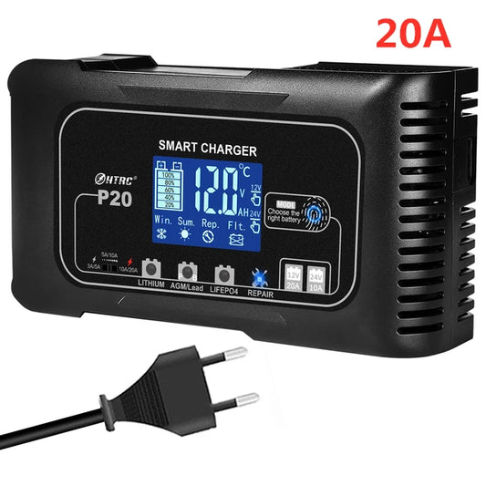 HTRC 20A akumuliatoriaus pakrovėjas 12V 24V su LCD ekranu