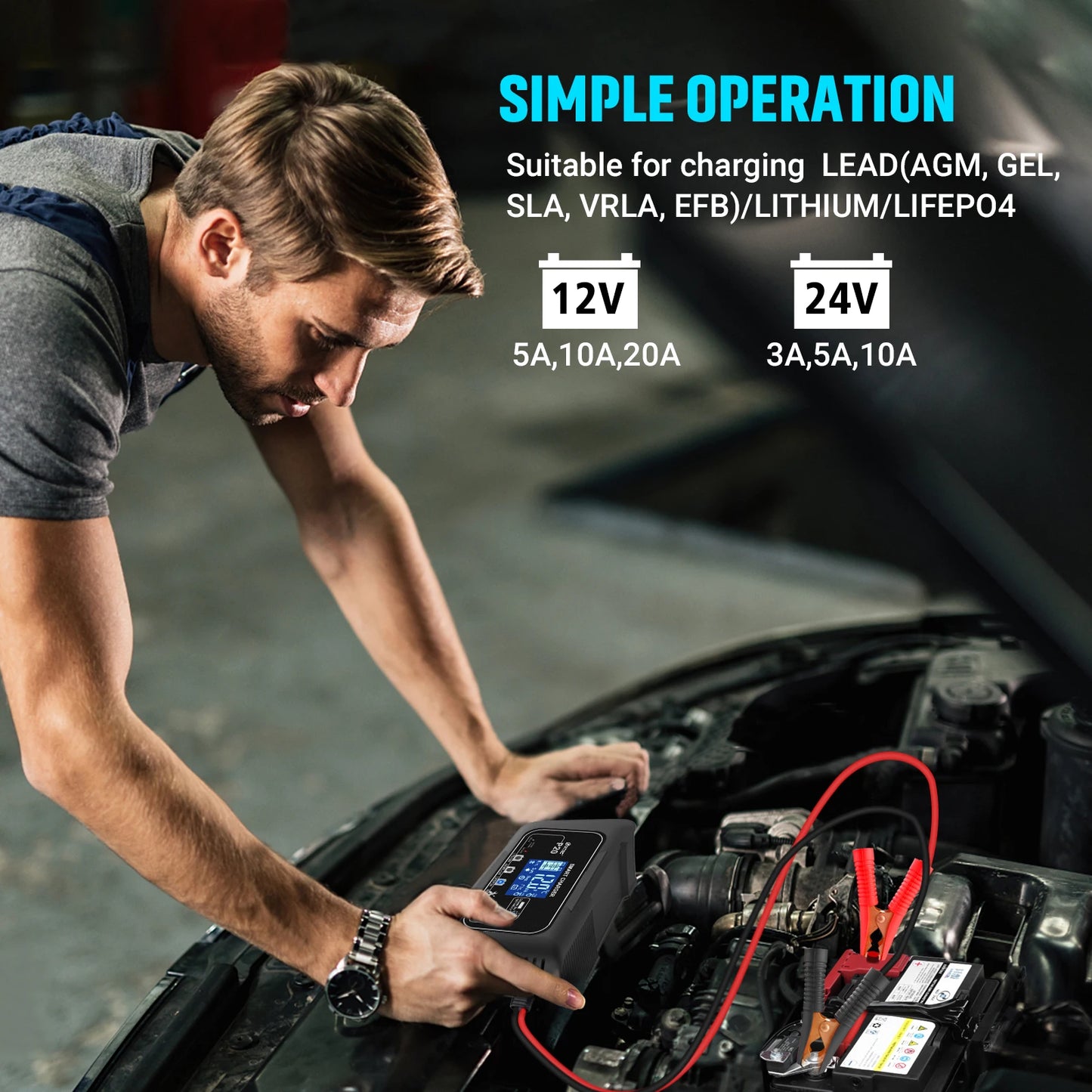 Universalus 12V 24V akumuliatoriaus pakrovėjas su Pulse Repair funkcija