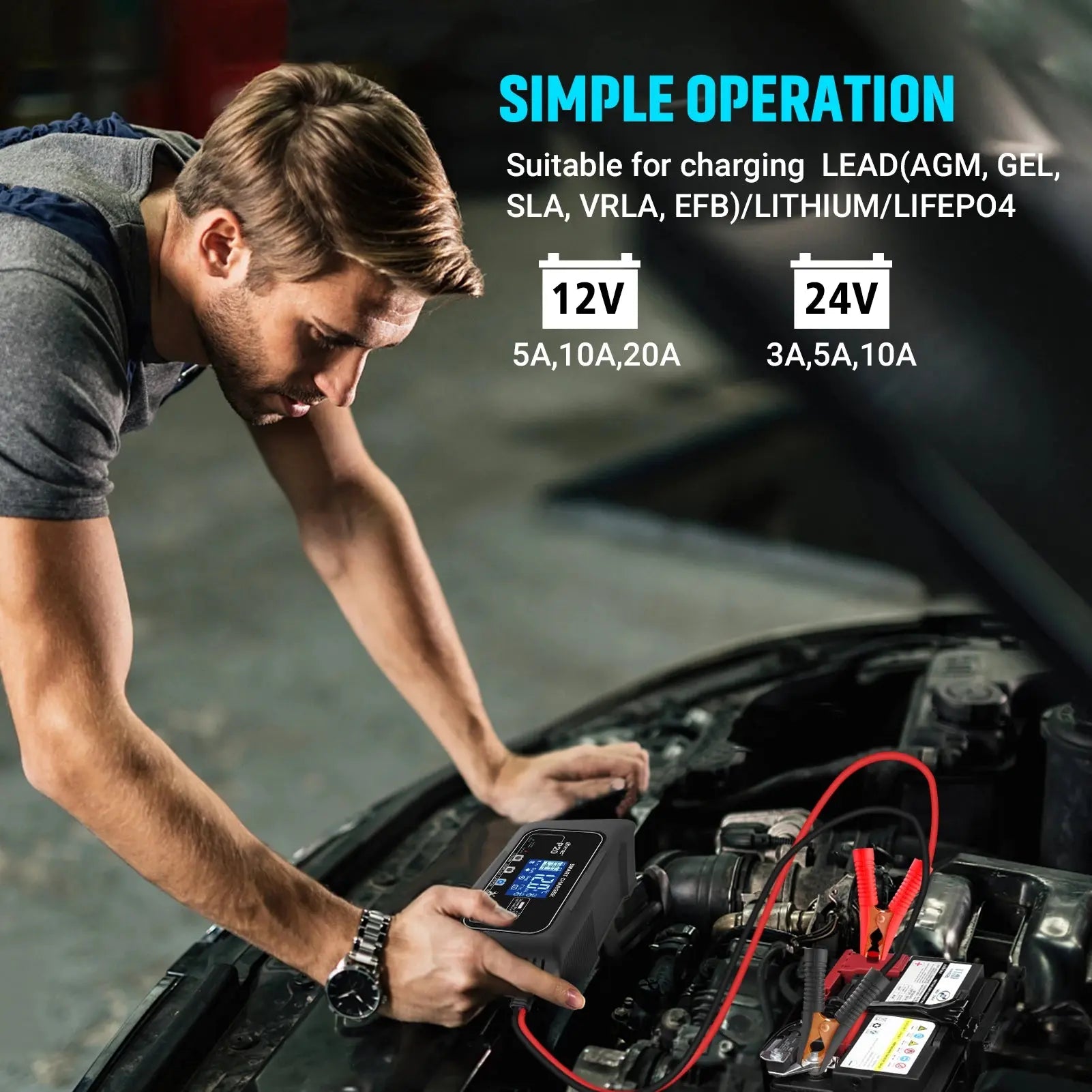 Universalus 12V 24V akumuliatoriaus pakrovėjas su Pulse Repair funkcija