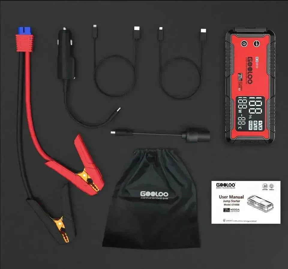 GOOLOO GT4000A komplektas: prietaisas, gnybtai, automobilinis kroviklis, USB-C kabeliai, dėklas ir naudotojo instrukcija