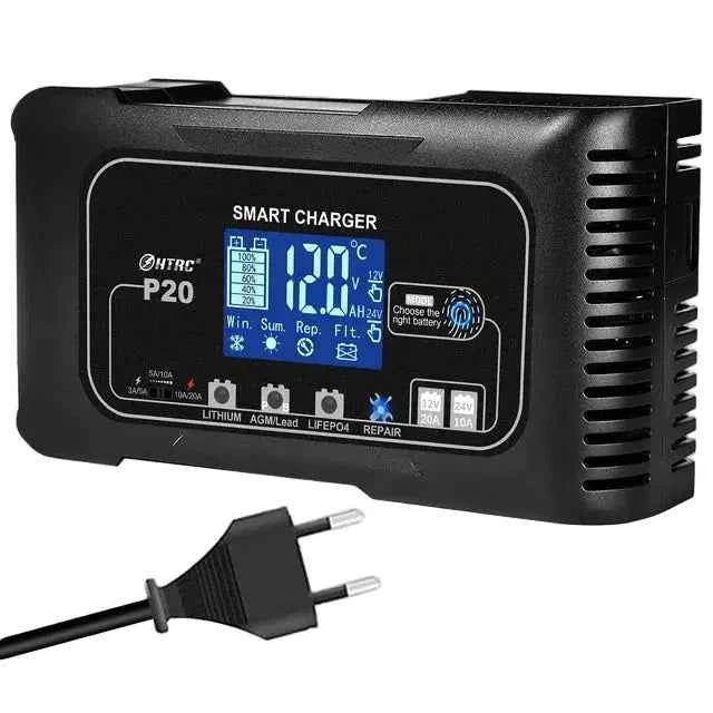 HTRC P20 akumuliatoriaus pakrovėjas 20A 12V 24V išmanusis Smart Charger LCD ekranas juodas