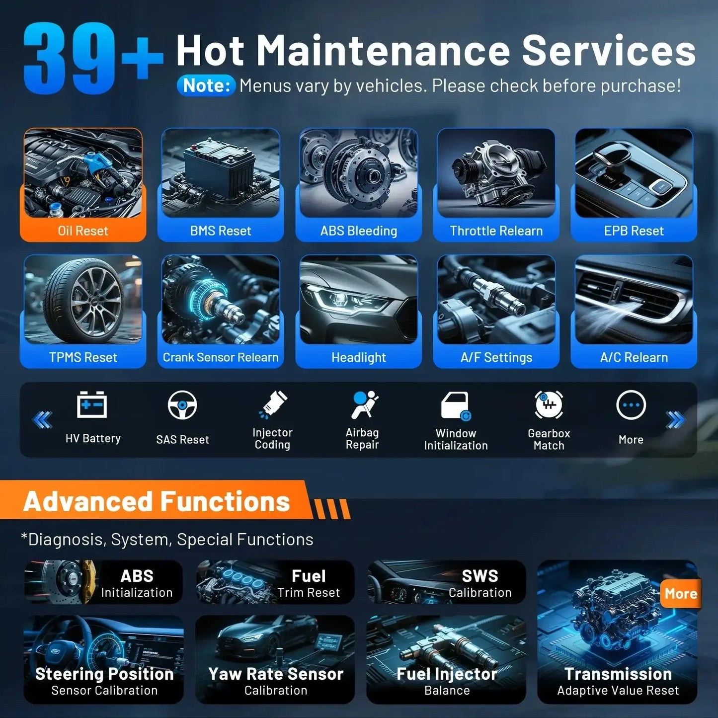 Xtool D7W autodiagnostikos palaikomi servisai