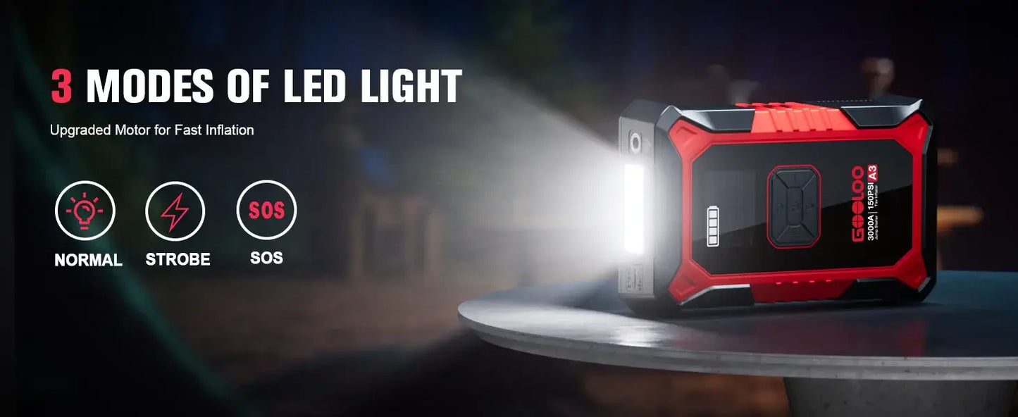 Jump starteris 3000A GOOLOO A3  su oro kompresoriumi ir boost funkcija