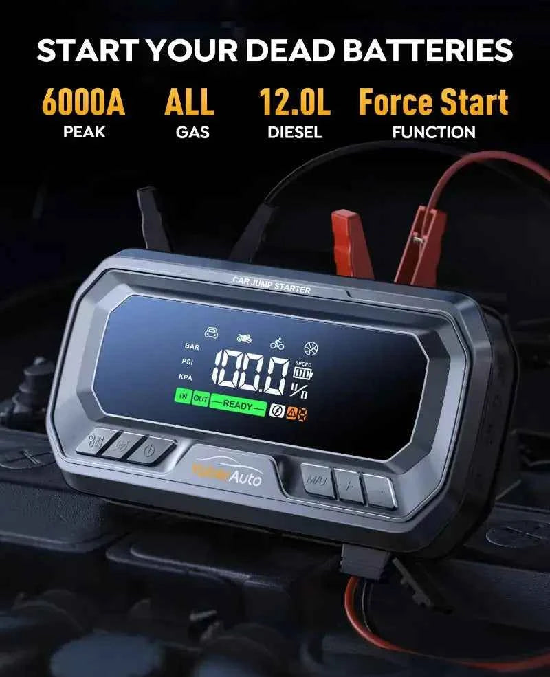 YABER YA90 6000A jump starteris gnybtukai akumuliatorius 12L dyzelis Force Start funkcija
