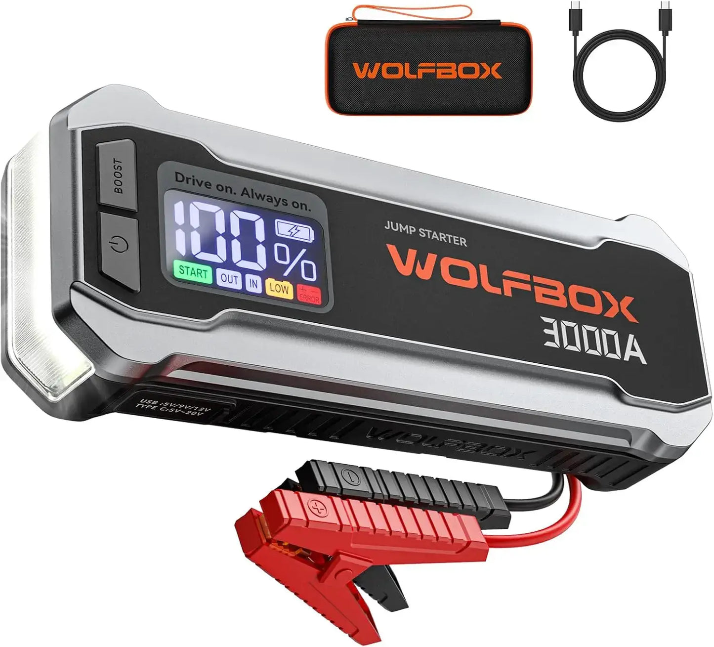 Jump starteris WOLFBOX 3000A su Boost funkcija