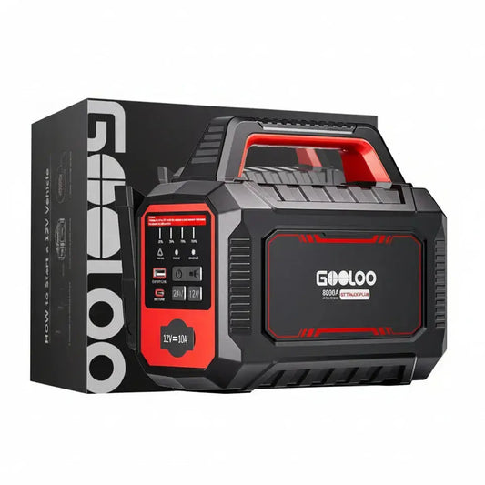 GOOLOO GT TRUCK PLUS sunkiasvorių transporto priemonių užvedėjas su 64 000 mAh baterija ir įkrovimo jungtimis.