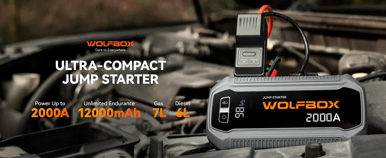 Akumuliatoriaus užvedėjas 12000 mAh WOLFBOX su 2000A srove, naudojamas automobilių varikliams