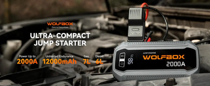 Akumuliatoriaus užvedėjas 12000 mAh WOLFBOX su 2000A srove, naudojamas automobilių varikliams