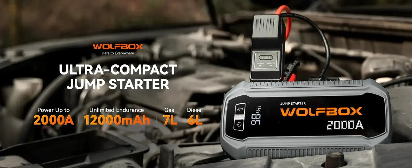 Akumuliatoriaus užvedėjas 12000 mAh WOLFBOX su 2000A srove, naudojamas automobilių varikliams