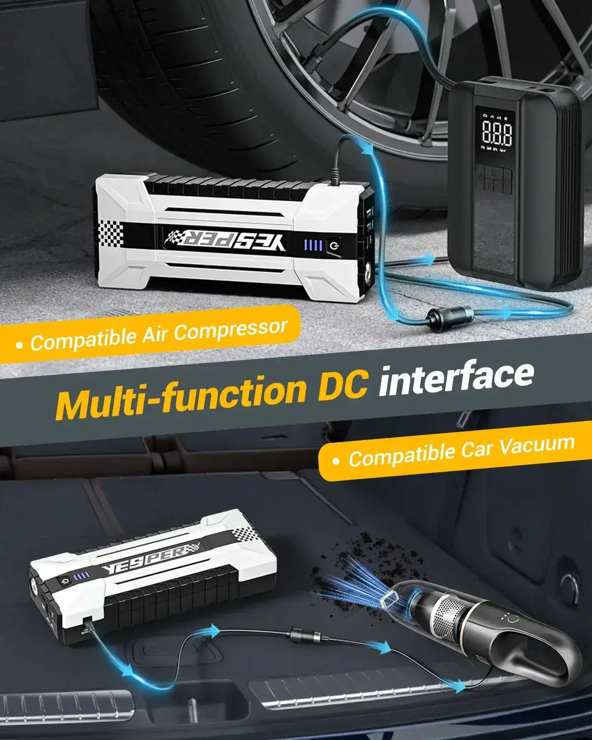 YESPER YS40 jump starteris prijungtas prie siurblio