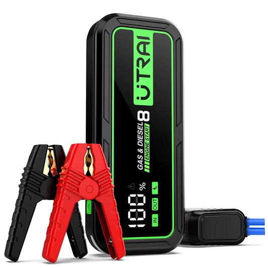 UTRAI JS8 Jump Starter 3000A with clamps and display, ideal for automotive use, 20000mAh capacity.
