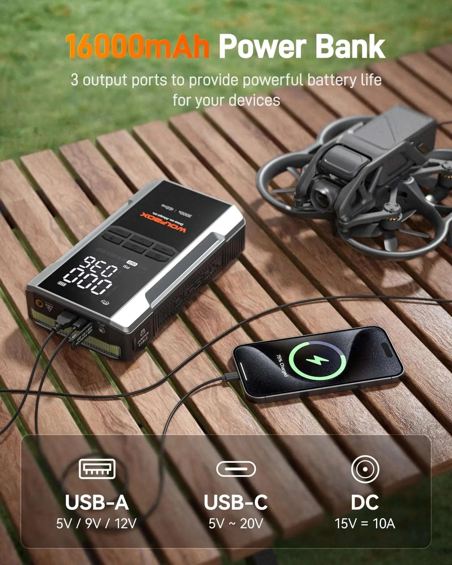 WOLFBOX 3000A Jump Starter with Air Compressor 160 PSI