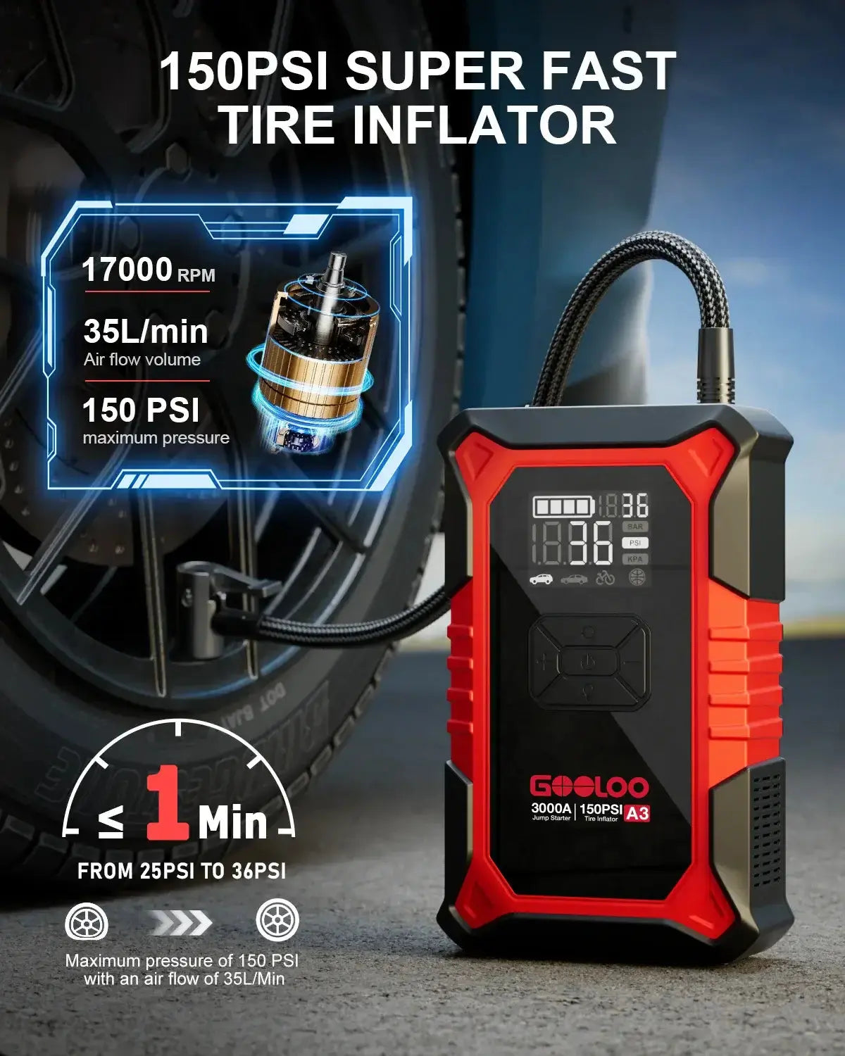 GOOLOO A3 Jump starter 3000A with air compressor
