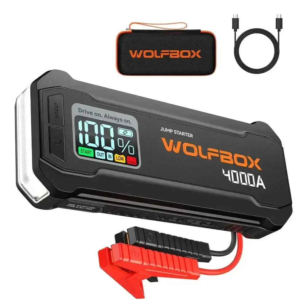 WOLFBOX JS24 jump starteris 24000mAh 4000A su Boost funkcija, spalvotu ekranu, gnybtais, dėklu ir USB-C kabeliu