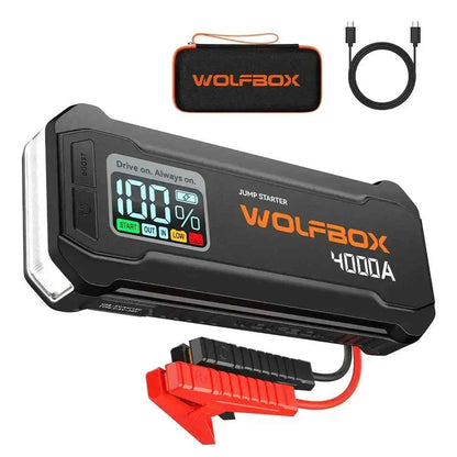 WOLFBOX JS24 jump starteris 24000mAh 4000A su Boost funkcija, spalvotu ekranu, gnybtais, dėklu ir USB-C kabeliu