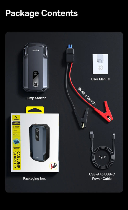 Baseus Jump Starter komplektacija – paleidimo laidai, USB-C kabelis, pakuotė ir instrukcija